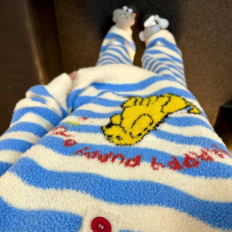 侘町2024年新款蓝白条纹puppy半边绒睡衣女秋冬款保暖加厚家居服