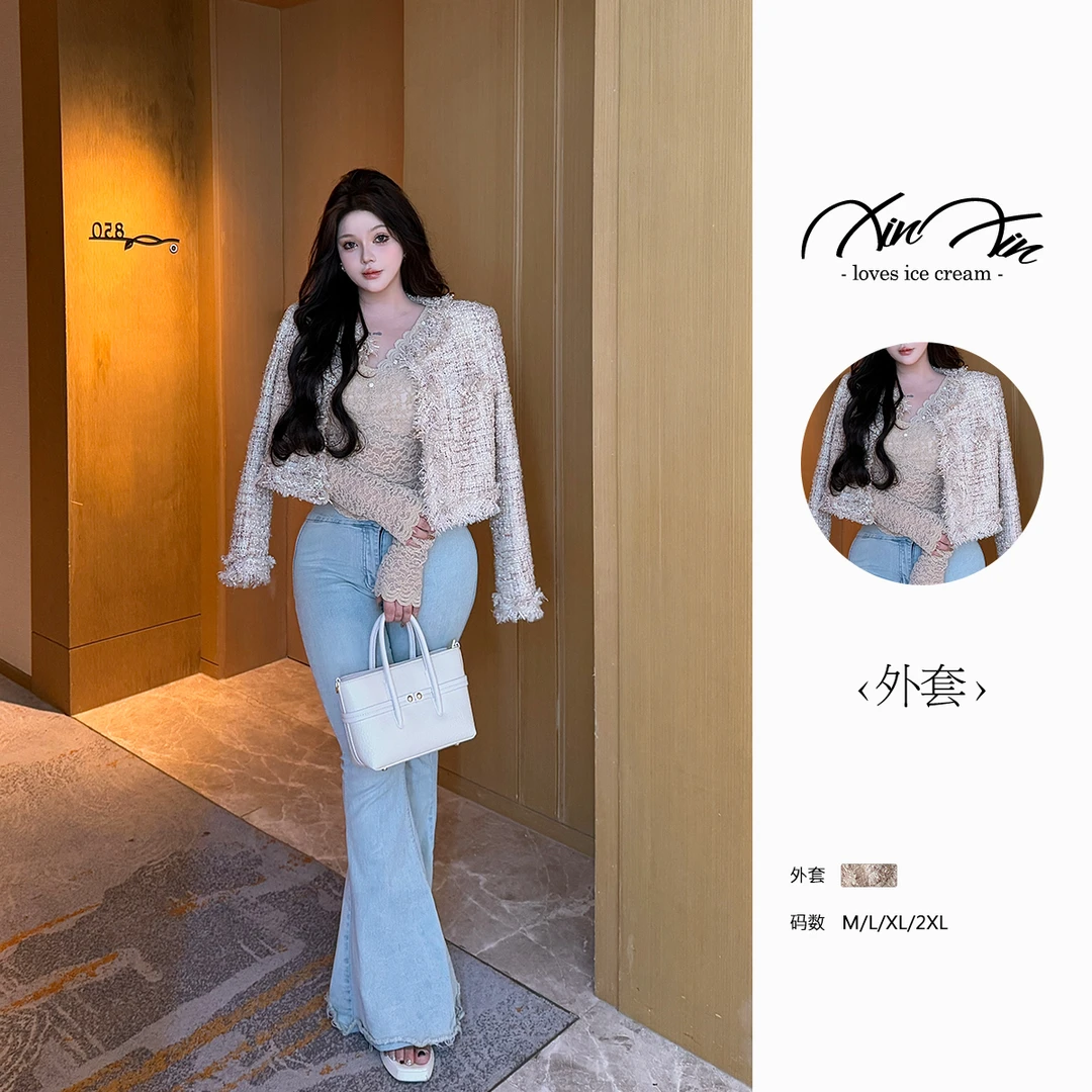 芯芯【蕾丝美学外套】微胖MM圆领长袖上衣显腰短款小香风外套女装