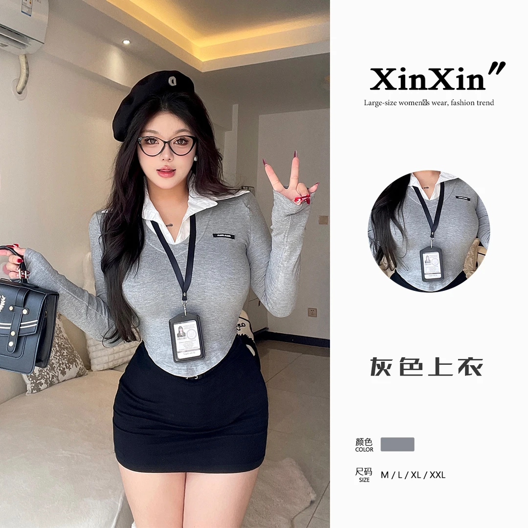 芯芯【早春藤校】微胖mm女孩穿搭大码学院假两件衬衫拼接上衣秋冬