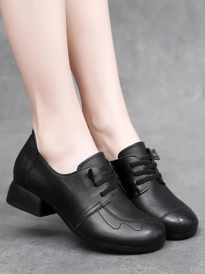 牛皮妈妈鞋真皮单鞋女四季中年人复古休闲牛筋底中跟粗跟4分跟805