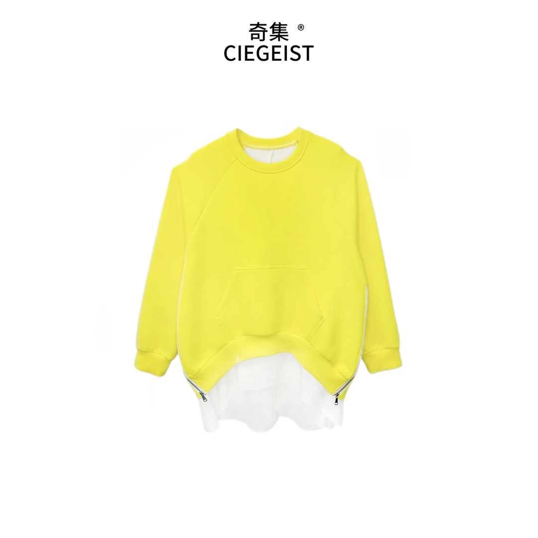 2025秋冬设计师款重工艺拼接假两件带口袋宽松大版长袖卫衣S2022