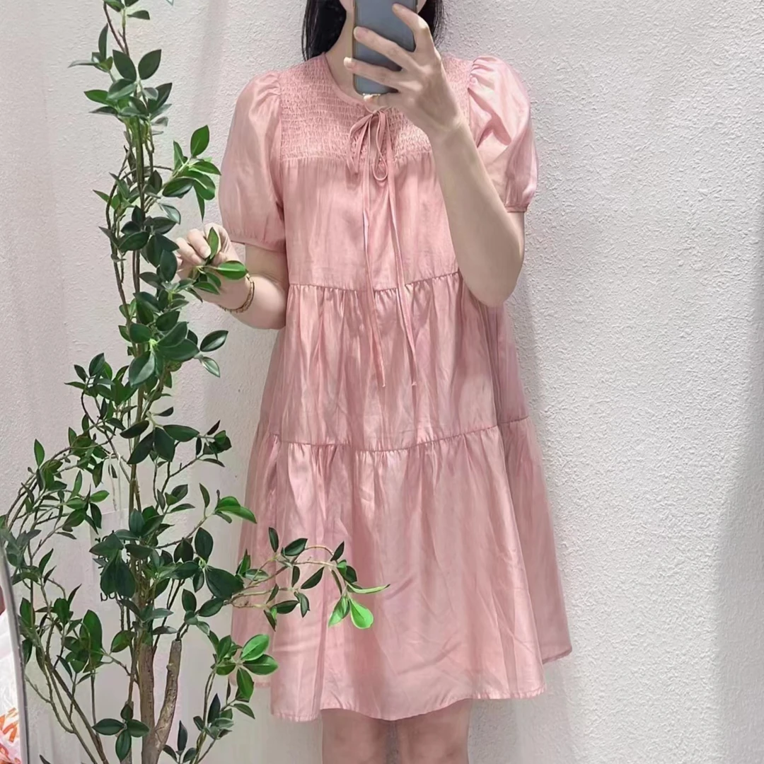 梧桐女装2024夏季新款法式圆领连衣裙微胖显瘦气质拼接款裙子1709