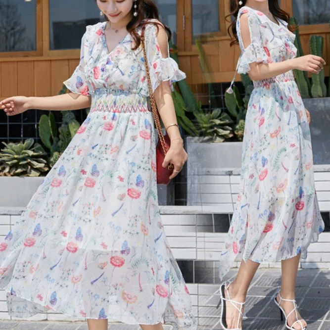 梧桐女装夏季洋气印花雪纺连衣裙女2023款收腰显瘦中长款裙子1925