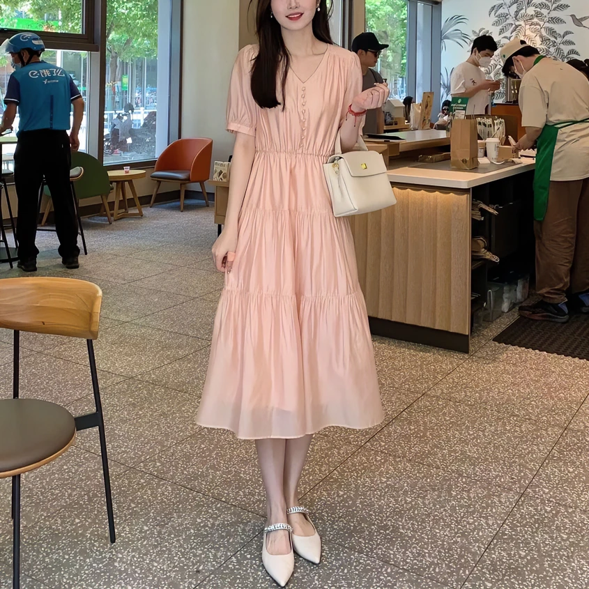 气质连衣裙女2024夏季新款V领收腰显瘦蛋糕裙温柔风时尚长裙子A13