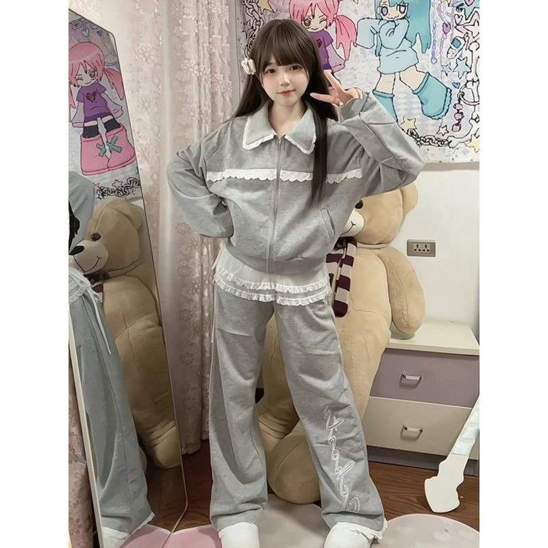 甜美风休闲运动服套装女宽松学生蕾丝拼接灰色翻领卫衣卫裤两件套