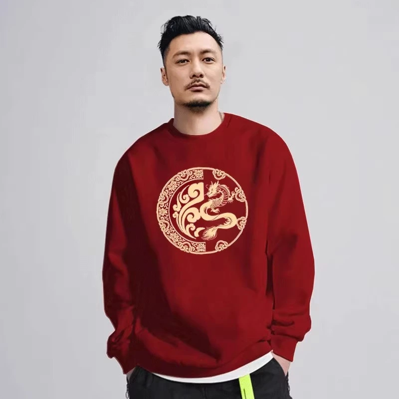 仓石一树国风酒红色卫衣男2024秋冬新款龙年本命年加绒情侣上衣潮