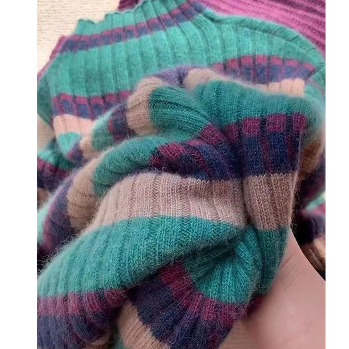 官方【专柜品质】针织衫毛衣女新款宽松七彩条纹半高领打底衫柔软