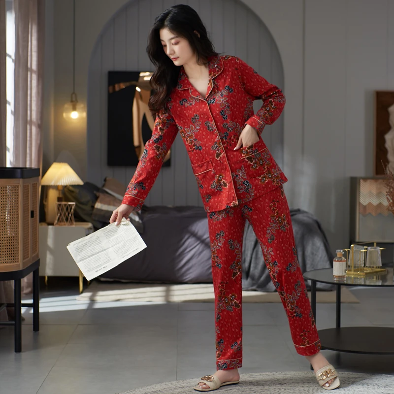 辉豹红色睡衣女士春秋款纯棉长袖居家服秋天开衫本命年家居服套装