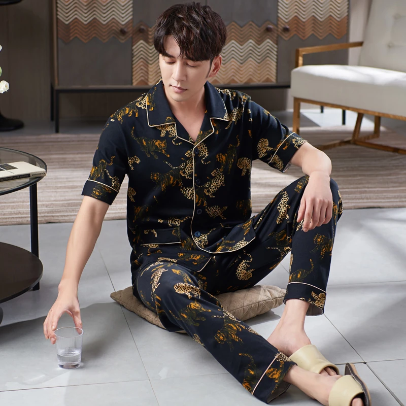 辉豹男士睡衣夏季纯棉短袖长裤春秋薄款中老年爸爸开衫家居服套装