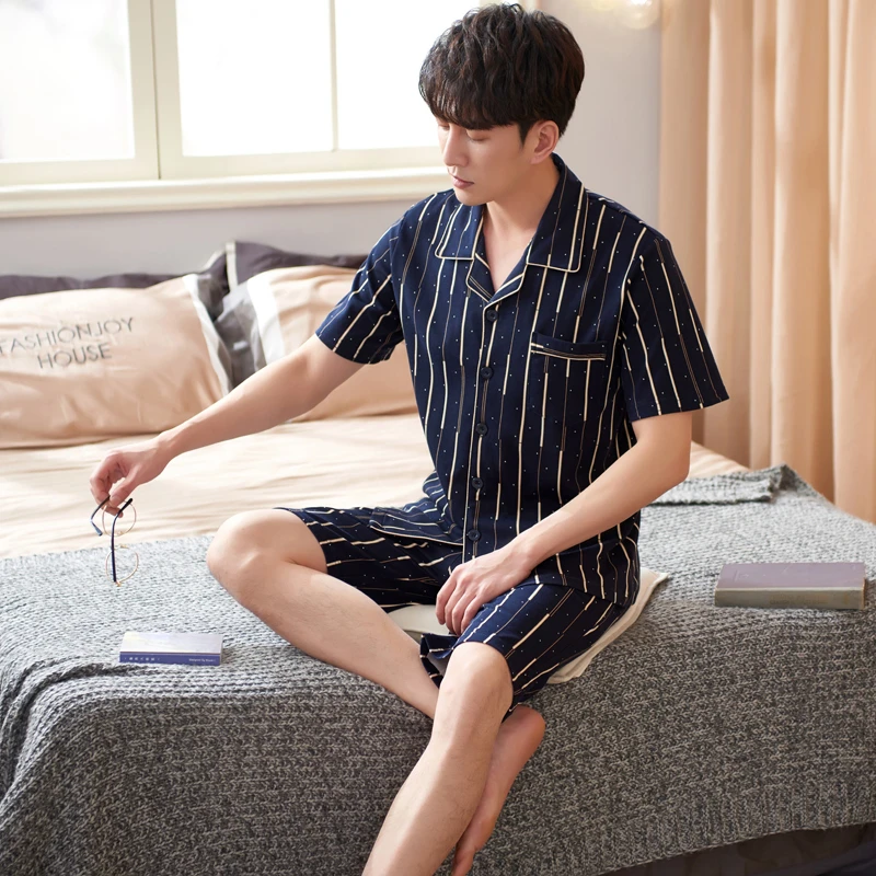 辉豹深蓝条纹男士睡衣夏季纯棉短袖短裤中老年爸爸薄款家居服套装