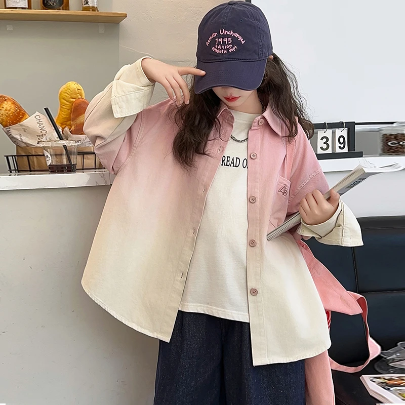 女童春秋款渐变色长袖衬衫2024中大童韩版宽松洋气衬衣外套儿童装