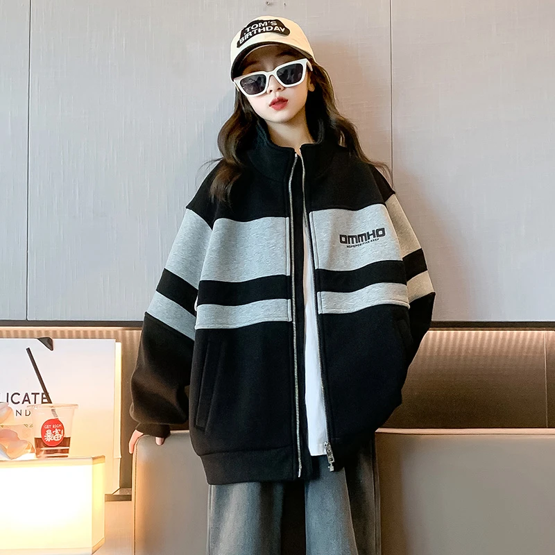 女童加绒外套2024新款儿童深秋休闲宽松洋气开衫大童秋冬加厚上衣
