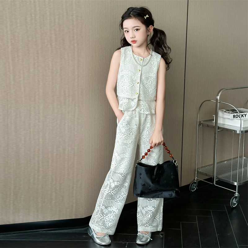 女童夏装套装2025新款女大童时髦洋气薄款儿童夏季镂空蕾丝两件套