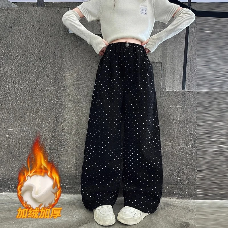 女童加绒裤子波点韩系中大童阔腿裤网红百搭儿童加厚一体绒直筒裤