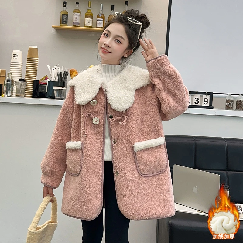 女童中长款外套冬季2024新款儿童女大童秋冬款洋气加绒加厚毛毛衣