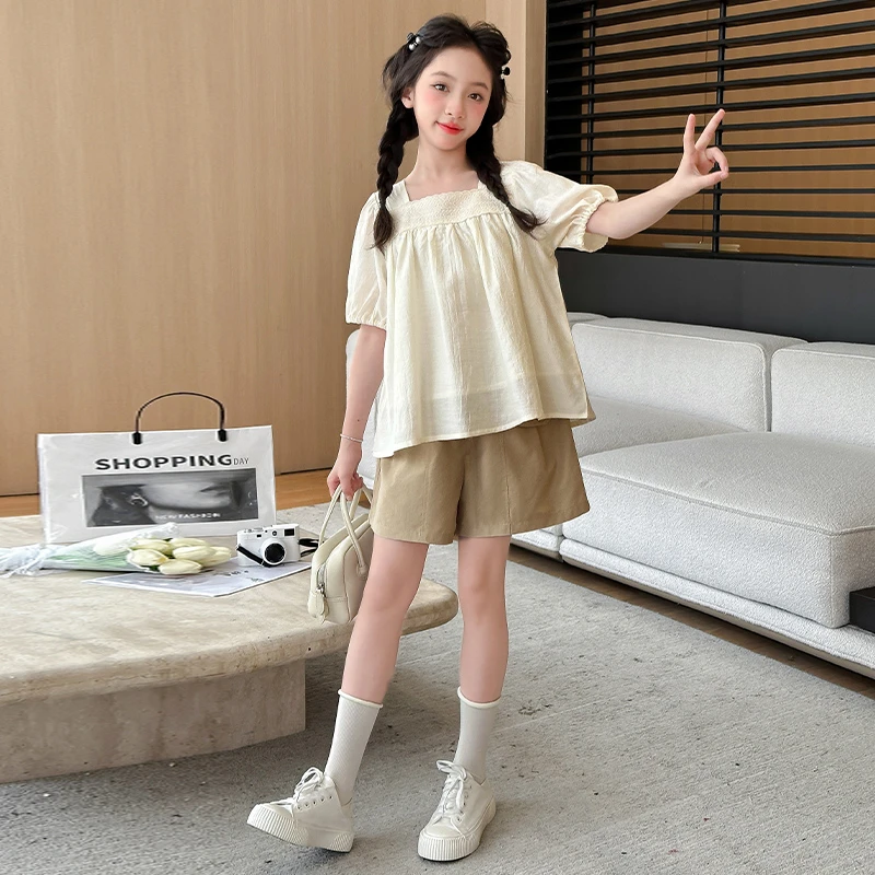 女童韩版夏装套装2025新款女大童休闲娃娃衫儿童洋气短裤两件套潮