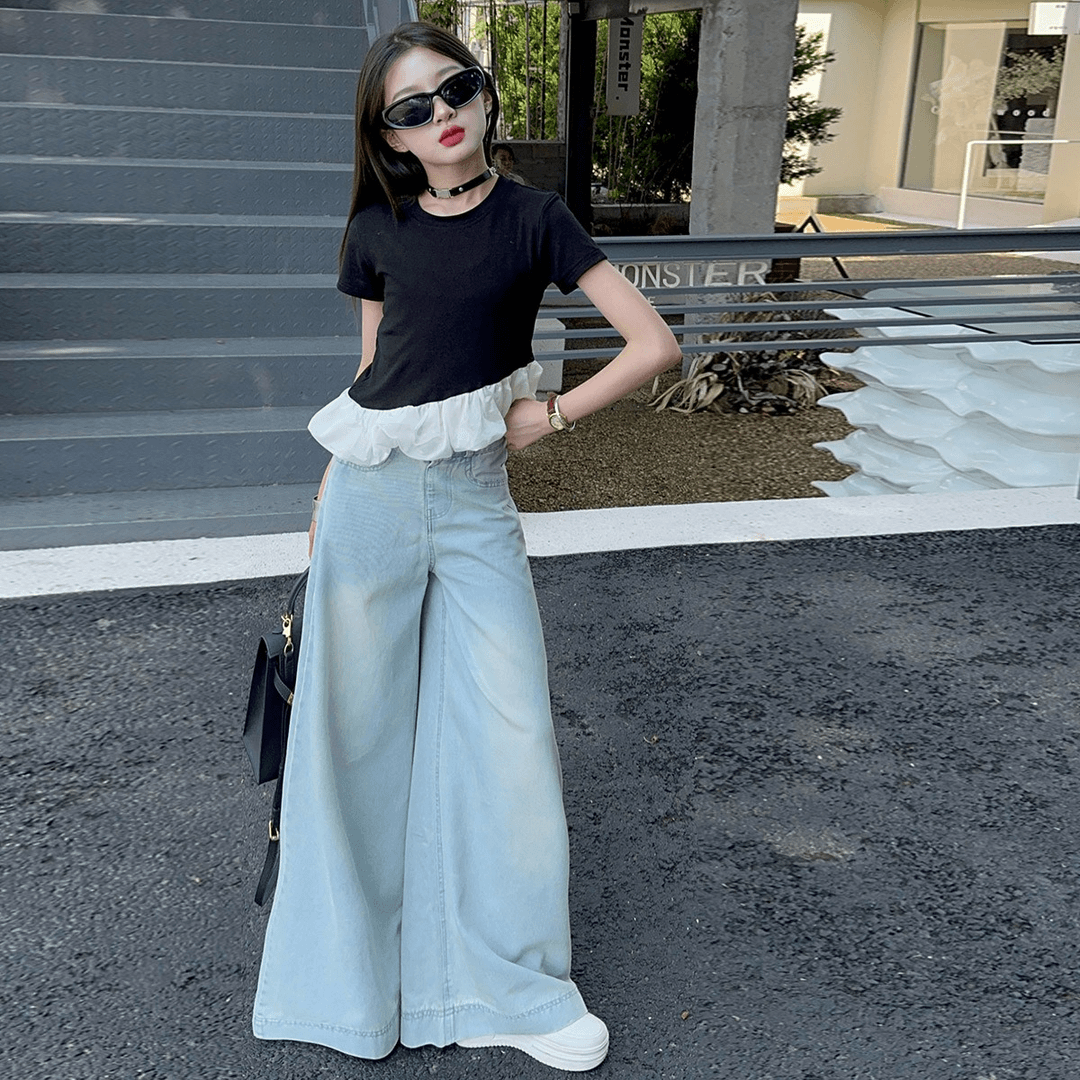 女童夏季韩范休闲套装女大童高腰薄款牛仔阔腿裤儿童洋气时髦夏装