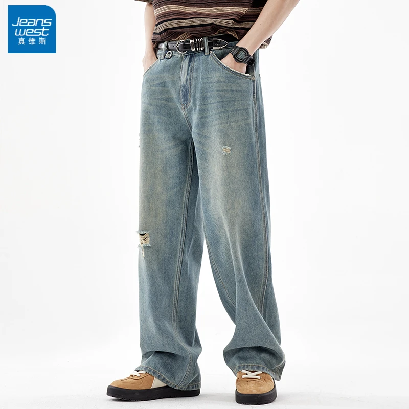 Jeanswest/真维斯美式复古破洞直筒牛仔裤男宽美式复美式复古破洞