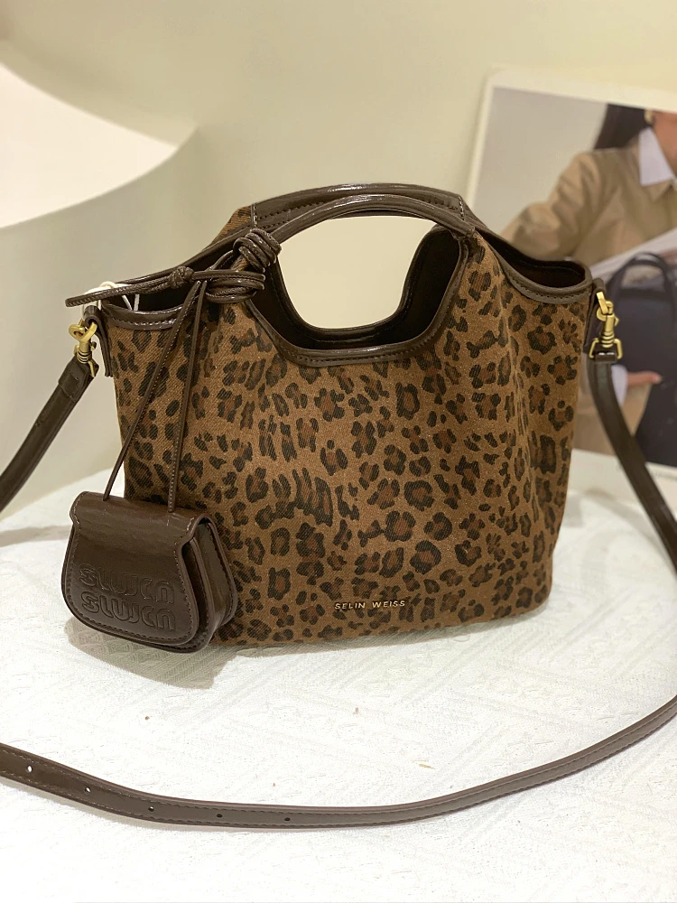 2024新潮帆布豹纹手提托特包洋气子母款设计感慵懒风单肩斜挎小包