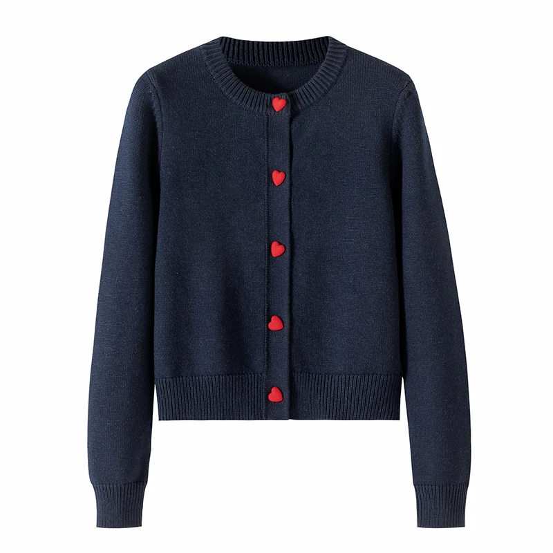 秋冬纽扣女士毛针织衫休闲开衫纯色长袖圆领毛衣-7888