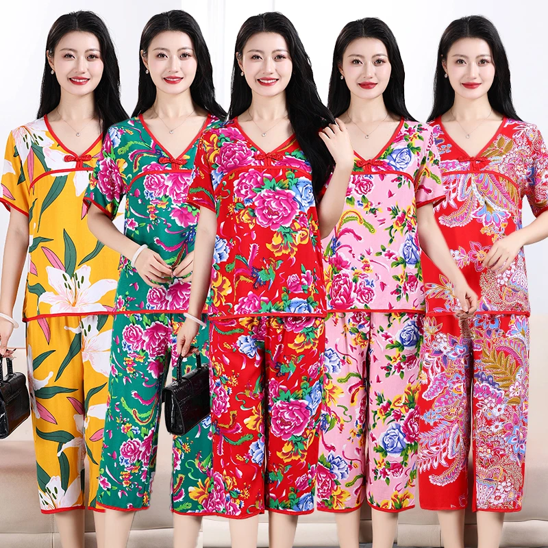 东北大花家居服绵绸套装女士夏季名族风盘扣上衣人造棉裤子两件套