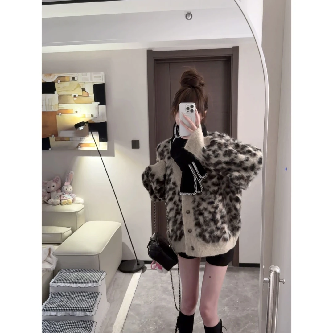 【涩谷豹豹】秋冬针织开衫撞色豹纹宽松毛衣外套女洋气百搭韩版毛衣