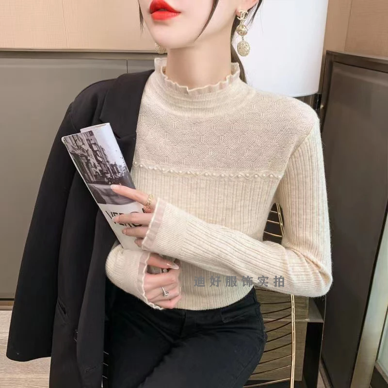 0127【迪好严选】半高领钉珠设计打底衫针织衫上衣百搭网红毛衣显瘦