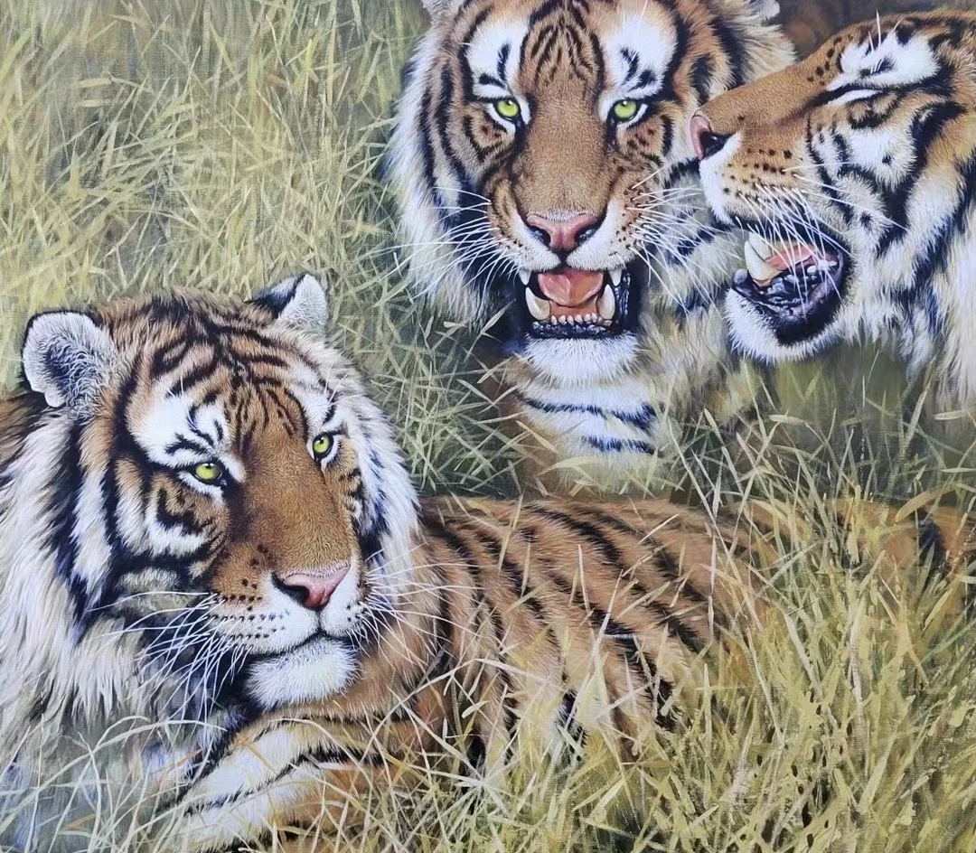 艺昕艺术/朝鲜原创油画/福虎家族/尺寸：73X100CM