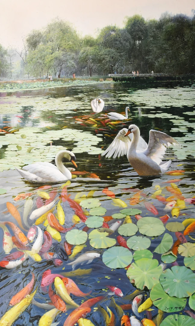 艺昕艺术/朝鲜原创油画/天鹅湖/尺寸：90X160CM