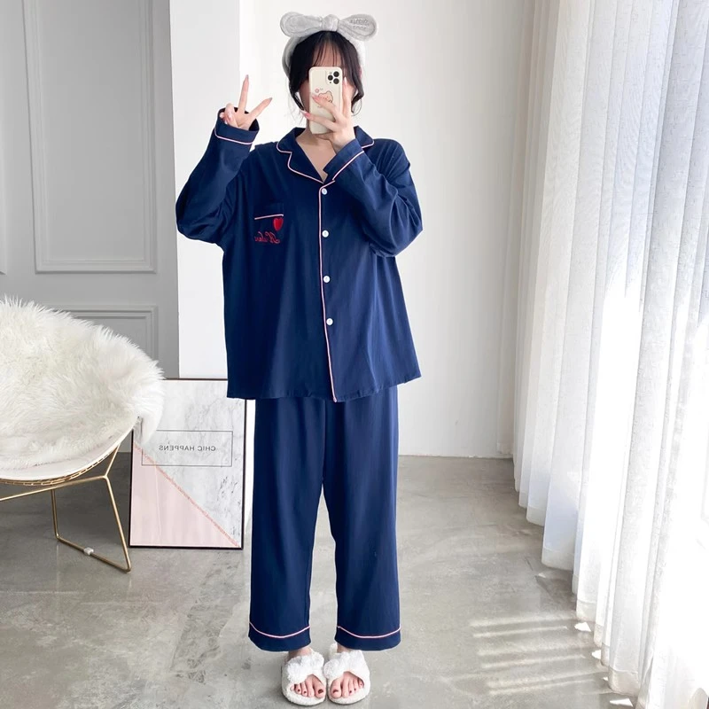 简约开衫刺绣睡衣女加大码春秋长袖长裤宽松胖MM200斤春秋家居服