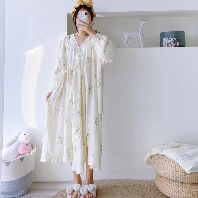 长袖加大码纯棉双层纱汉服睡裙开衫睡袍宽松孕产妇胖MM哺乳家居服