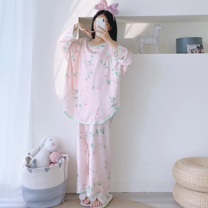 新中式薄款休闲睡衣女冰丝加肥大码春秋宽松胖mm200斤家居服舒适