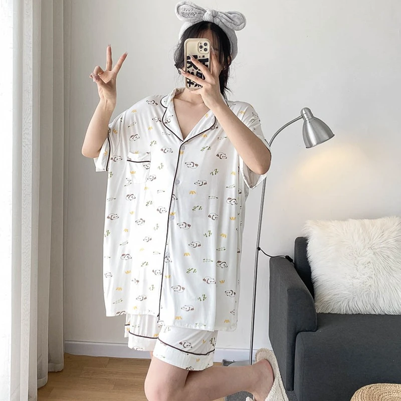 夏季简约莫代尔睡衣女开衫短袖短裤两件套加肥大码卡通胖mm家居服