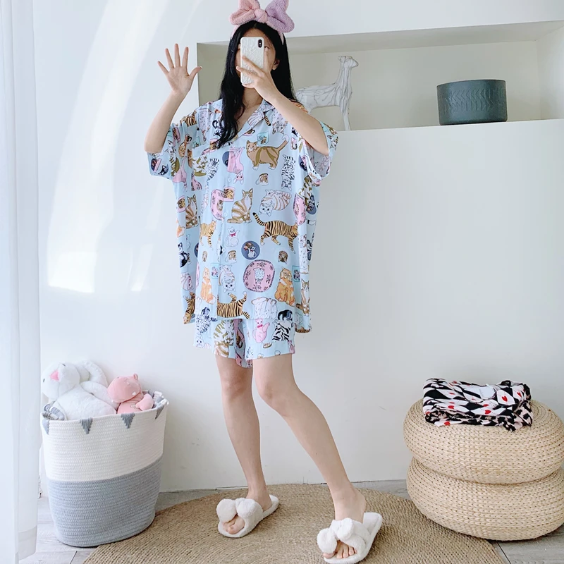 夏季加大码睡衣女开衫短袖短裤两件套宽松胖MM200斤家居服