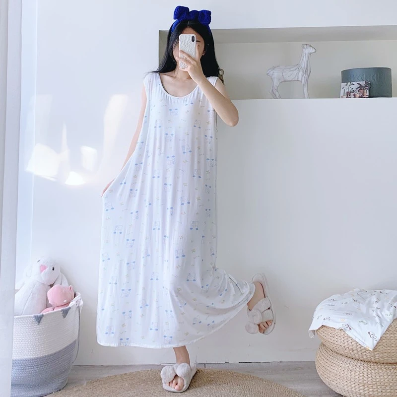 夏季莫代尔带胸垫背心睡衣加长大码睡裙宽松胖mm200斤孕妇家居服