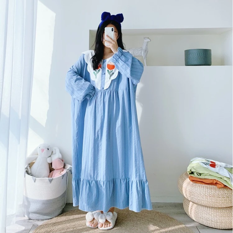 刺绣长袖公主风水洗纯棉纱加长睡裙加大码超长孕妇春秋胖MM家居服