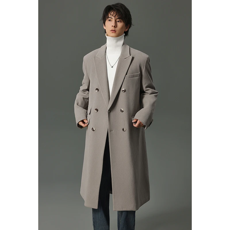 【加绒】冬季男士时尚休闲复古大衣秋冬宽松韩版中长款毛呢外套LD31