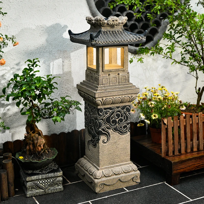 太阳能小院草坪室外户外景观灯饰落地灯庭院造景布置中式仿石灯塔