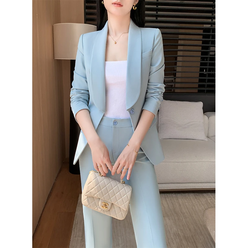 蓝色西装套装女播音艺考主持人OL优雅气质女神范清爽职业干练西服