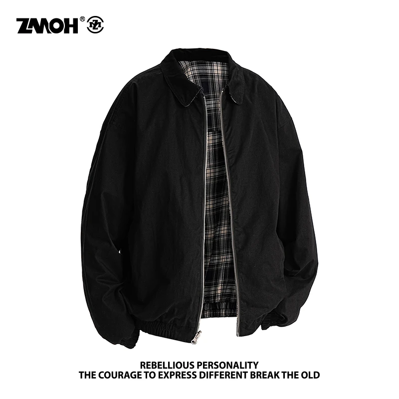 ZMOH古着双面穿外套秋冬复古Boxy版型潮牌格子纹翻领夹克男女同款