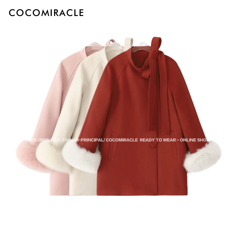 【素雨薇薇】-（静仪）冬季新款狐狸毛爱心扣羽绒呢大衣Q38DY8172