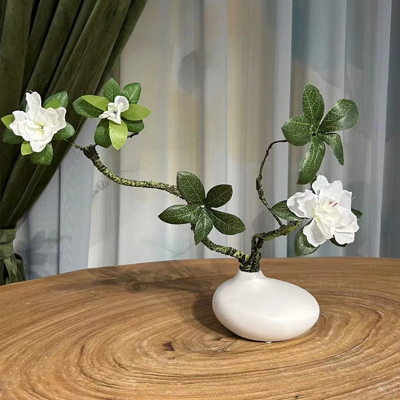 山茶花创意设计简约客厅花瓶摆件插花家居装饰品陶瓷白色仿真花