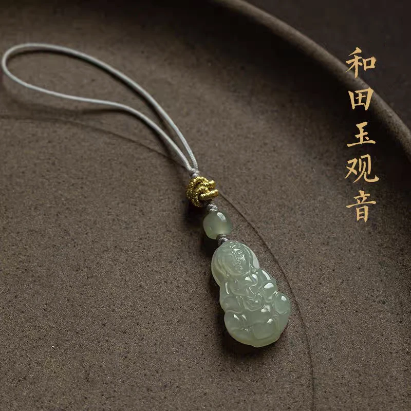 天然和田玉青白玉观音吊坠中国风玉石手机挂件女款毛衣链小孩玉坠