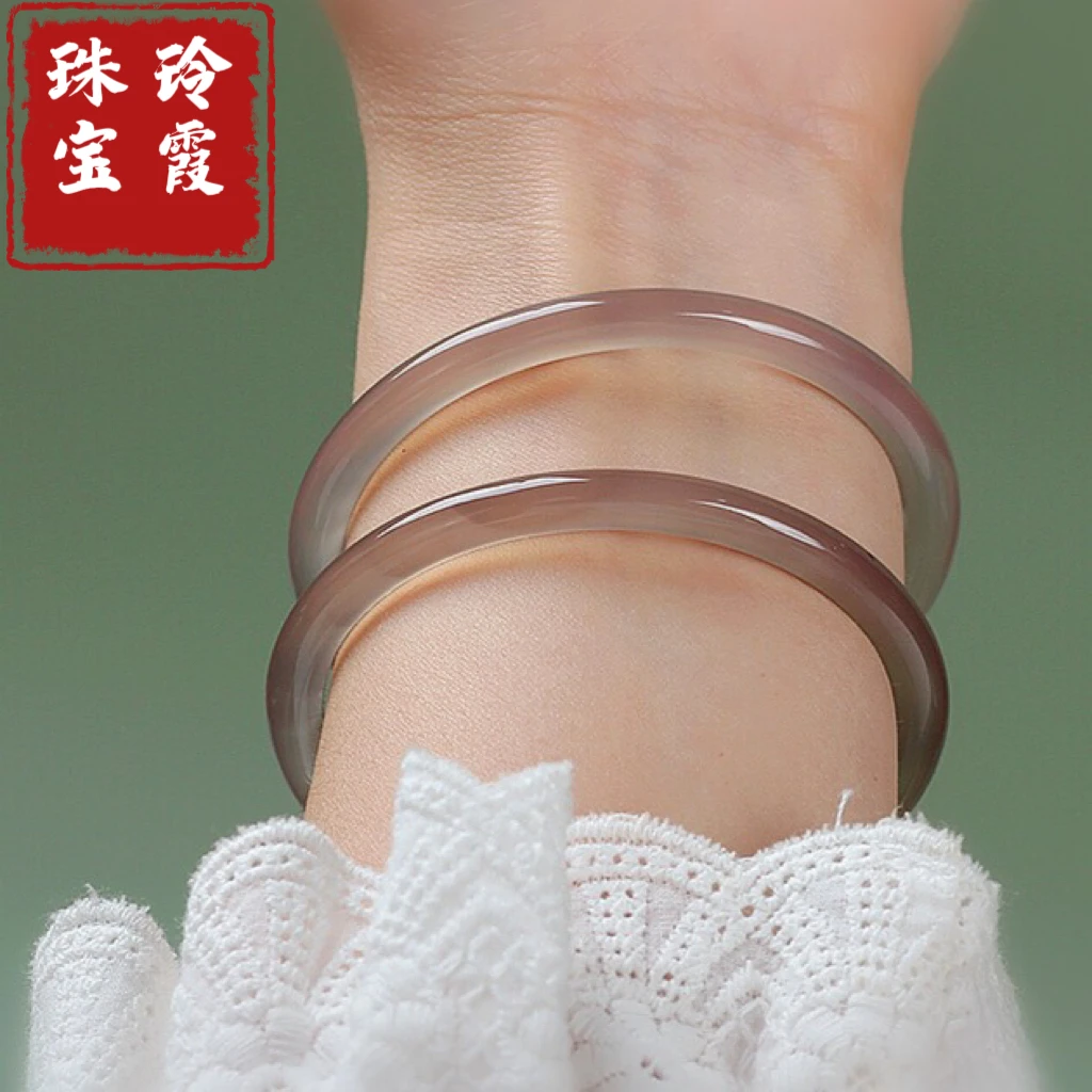 天然玛瑙玉髓灰冰烟紫手镯叮当镯细圆条美人镯子古风冰透正品保真
