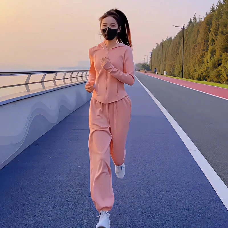 粉色休闲运动套装女春季洋气显瘦连帽长袖卫衣束脚裤跑步服两件套