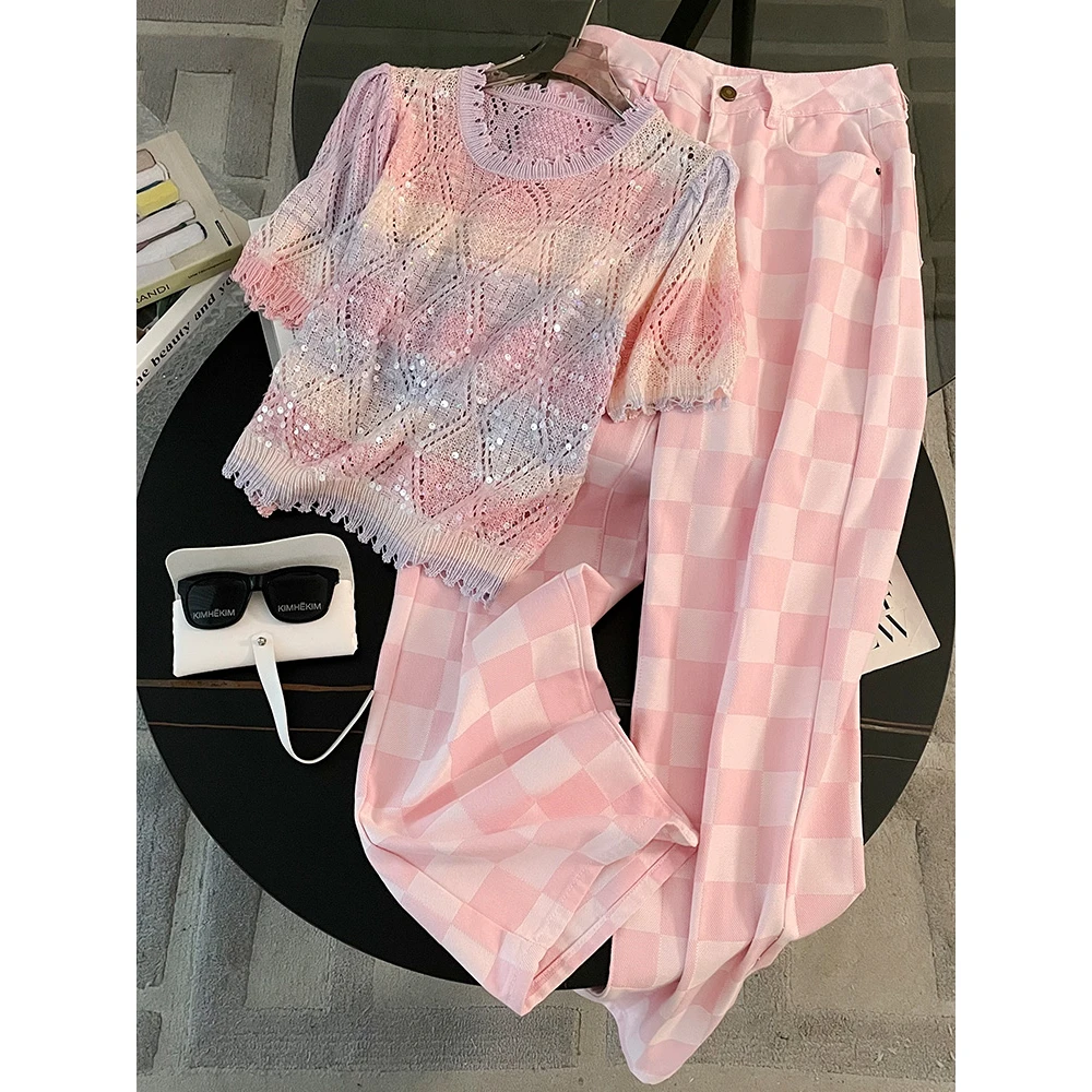 高级感法式气质穿搭时尚套装女夏洋气镂空针织衫高腰阔腿裤两件套