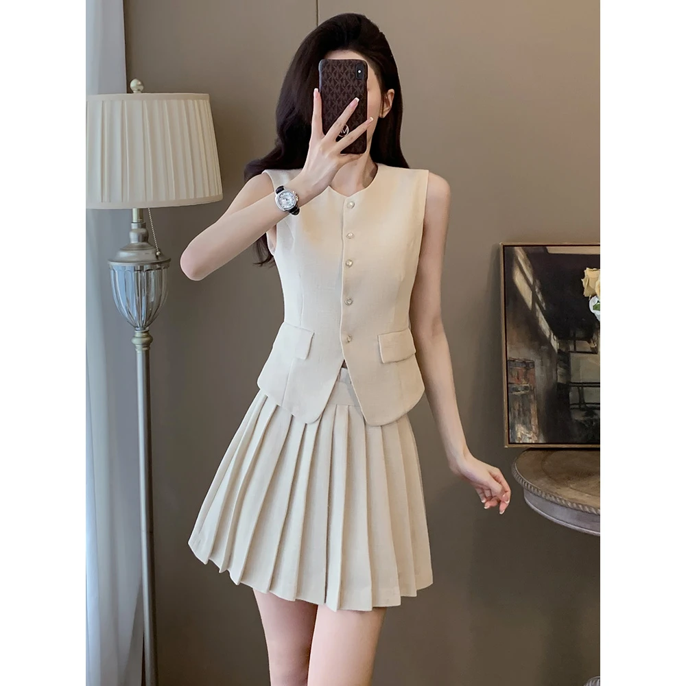 小香风时尚套装裙女夏时髦轻奢高级感法式马甲背心百褶短裙两件套