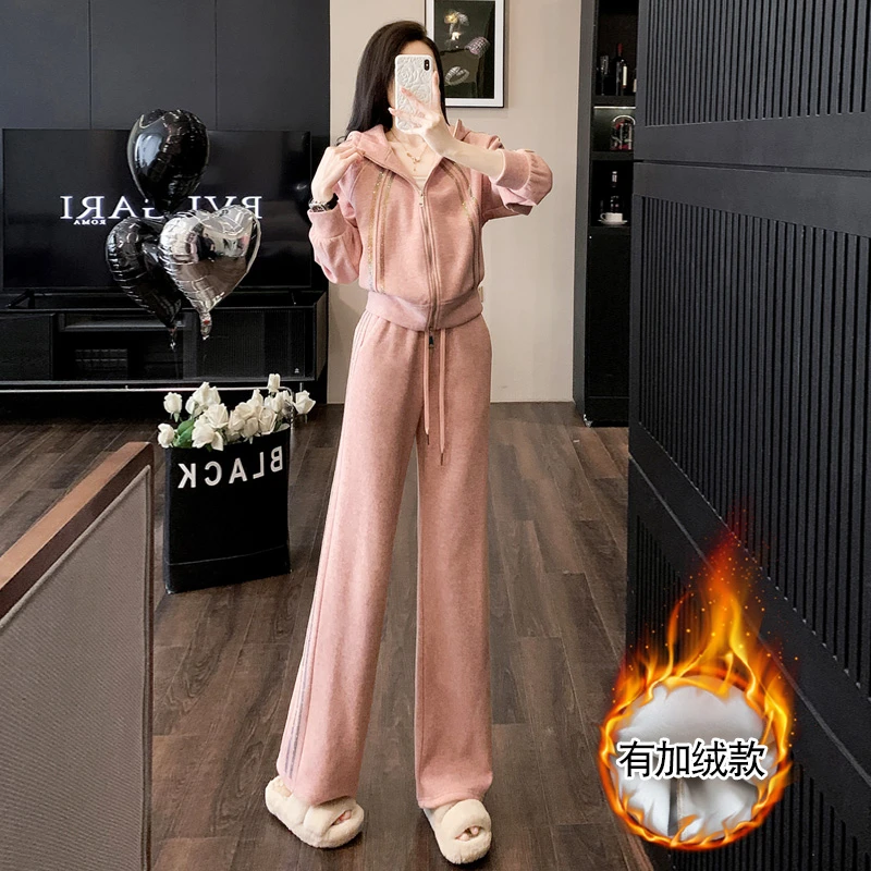 粉色炸街休闲运动套装女秋冬季洋气加绒烫钻连帽卫衣阔腿裤两件套