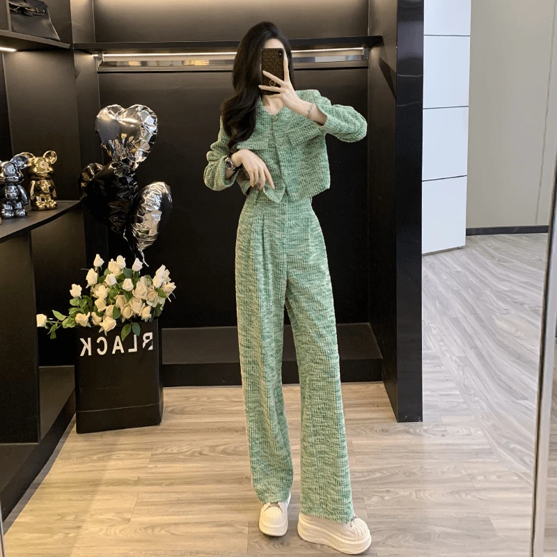 小香风休闲运动套装女秋季时髦洋气高级感短外套高腰阔腿裤两件套