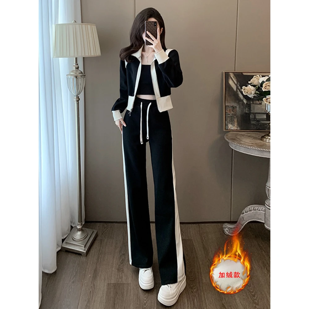 休闲运动套装女秋冬加绒洋气显瘦高级感开衫卫衣高腰阔腿裤两件套